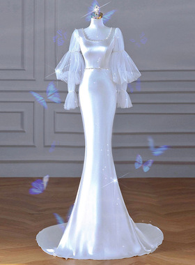 缎面鱼尾轻婚纱2025秋冬新款森系简约迎宾纱新娘结婚白色晚礼服女