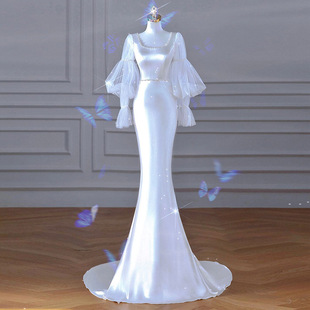缎面鱼尾轻婚纱2025秋冬新款森系简约迎宾纱新娘结婚白色晚礼服女