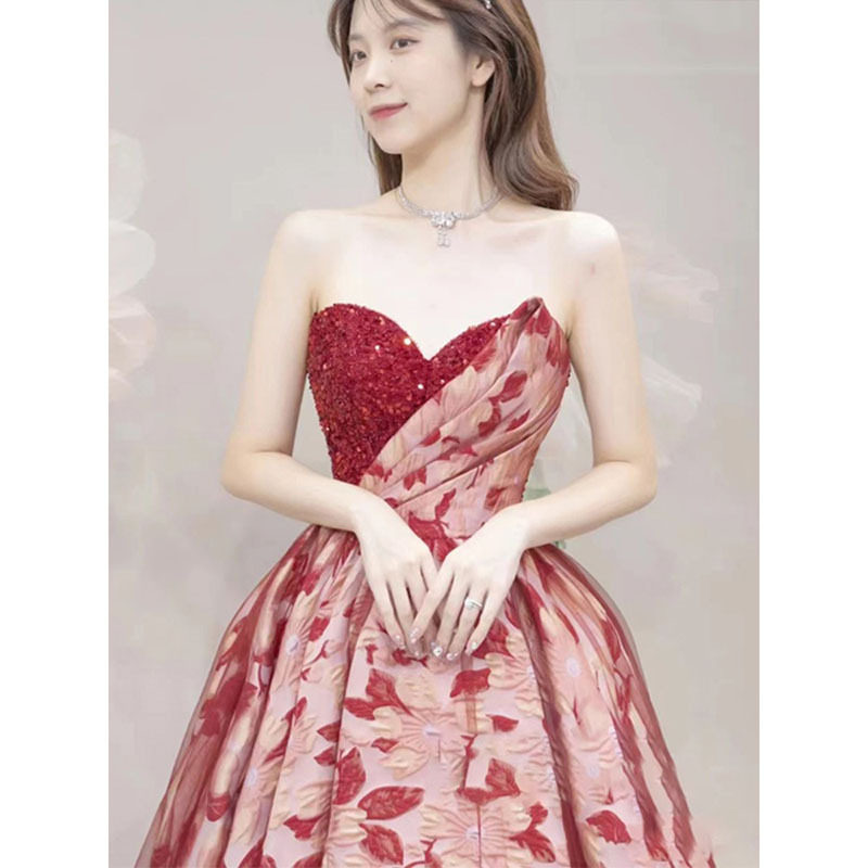 抹胸一字肩敬酒服晚礼服新娘红色结婚订婚公主裙蝴蝶结大裙摆长款