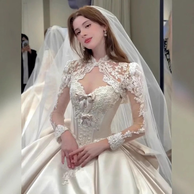 两穿缎面抹胸主婚纱2025新款高级质感大拖尾高端复古仪式纱批发