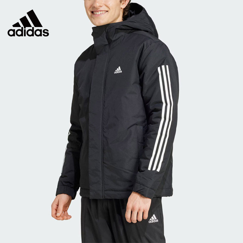 Adidas阿迪达斯棉服男2024冬季运动棉衣黑色连帽保暖棉袄IX8884