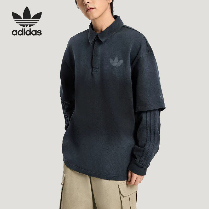 adidas阿迪达斯26秋男子棉质假两件黑色渐变POLO衫长袖T恤 KR5053