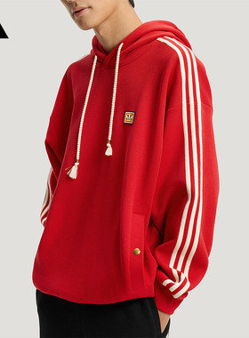 阿迪达斯三叶草马年限定新年红色套头衫条纹针织连帽卫衣KT0646