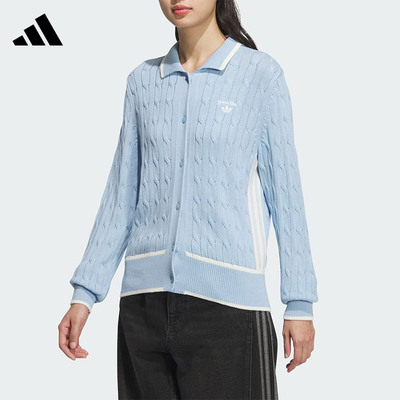 阿迪达斯三叶草2025年春季女子学院风针织开衫翻领毛衣外套JM8018