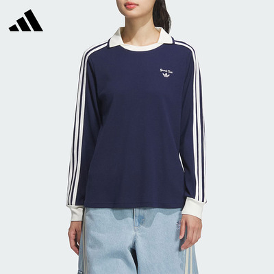 Adidas阿迪达斯三叶草T恤女2025春季新款翻领刺绣运动卫衣JM8012