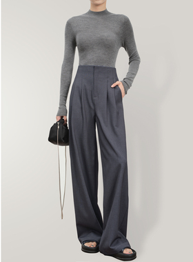 周周2026春夏天丝羊毛高腰直筒阔腿裤拖地松弛感灰色西装裤女