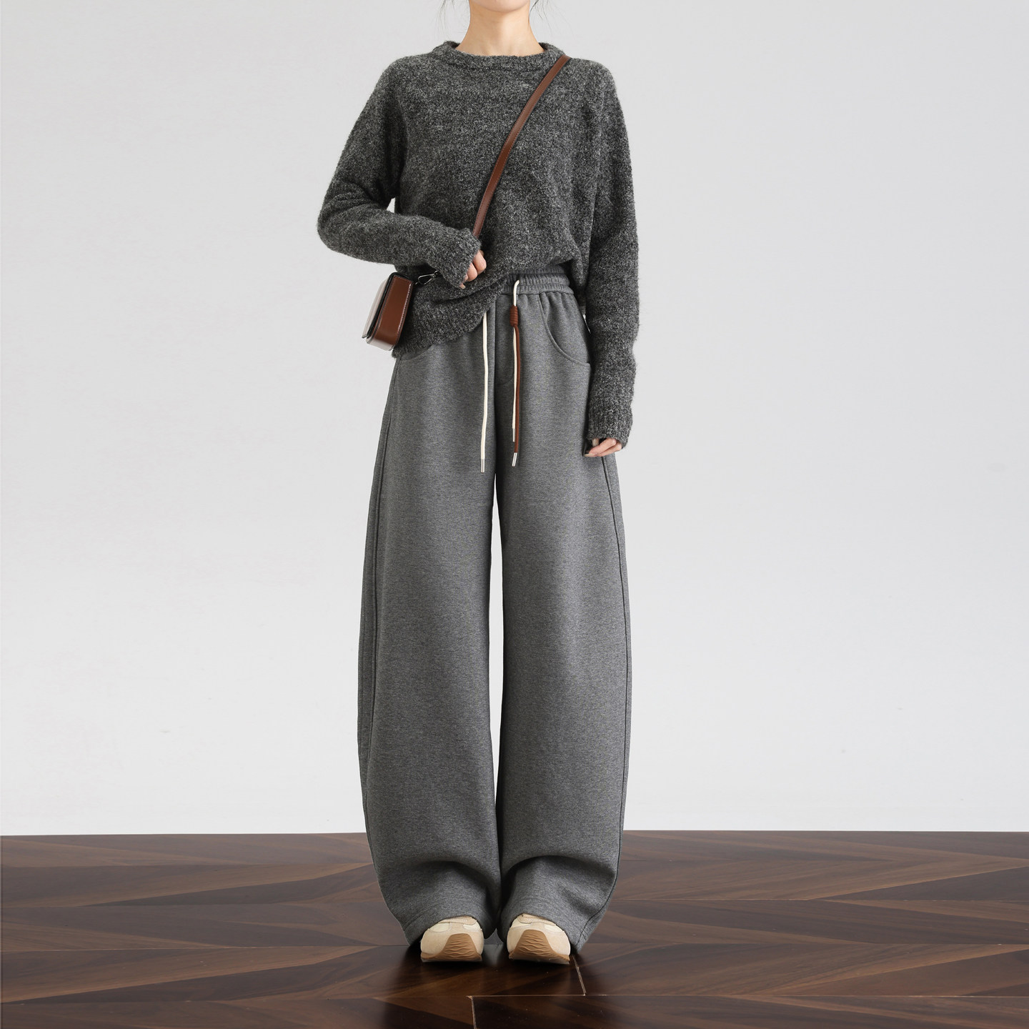 加绒运动裤女春夏灰色休闲弯刀裤镰刀卫裤宽松加厚阔腿裤