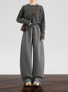 加绒运动裤女冬季灰色休闲弯刀裤镰刀卫裤宽松加厚阔腿裤