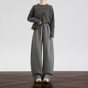 加绒运动裤女冬季灰色休闲弯刀裤镰刀卫裤宽松加厚阔腿裤