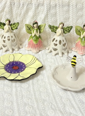 出口BlueSky陶瓷花仙子摆件童话小天使装饰蜜蜂花朵造型桌面摆件