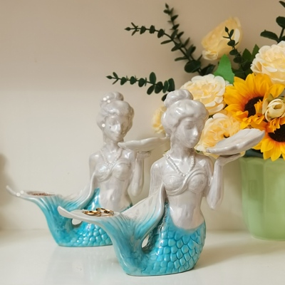 外贸出口布鲁瓷天使烛台陶瓷摆件家居装饰珍珠釉面美人鱼造景