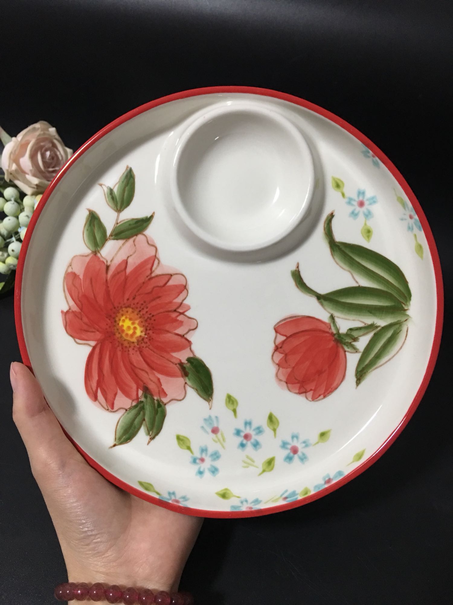 出口陶瓷餐具手绘花朵9英寸蘸料