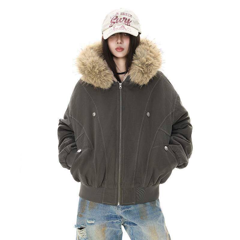 加绒美式重磅秋冬棉服女连帽毛领