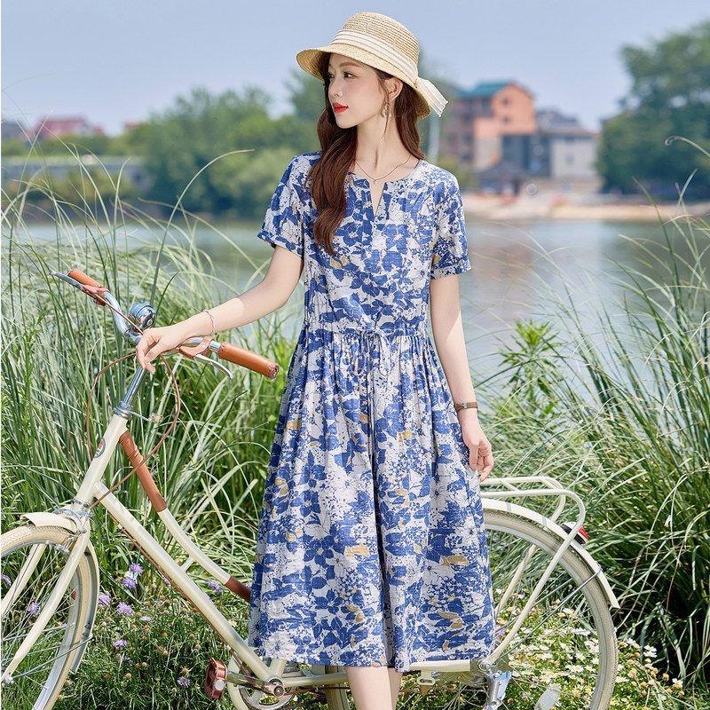 优雅碎花棉麻短袖连衣裙女夏2025