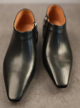 ALIAS MAE静奢风胎牛皮小方头短靴女粗跟内拉春秋冬百搭极简及踝