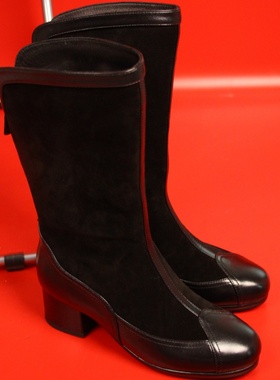 ALIAS MAE 2025秋冬进口牛反绒牛皮圆头中跟黑色拼接西部中筒靴