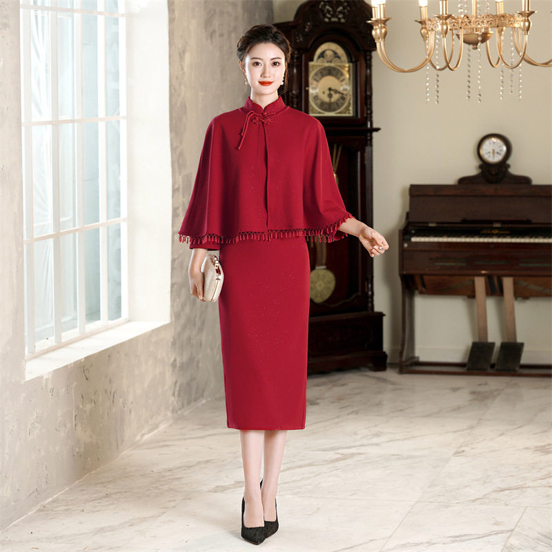 2024新款旗袍春秋彩金针织两件套装中长款喜婆婆喜妈妈婚礼旗袍裙