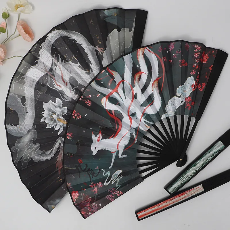 10寸新款双面龙行天下酒吧折扇中国风中式舞蹈扇古风扇子