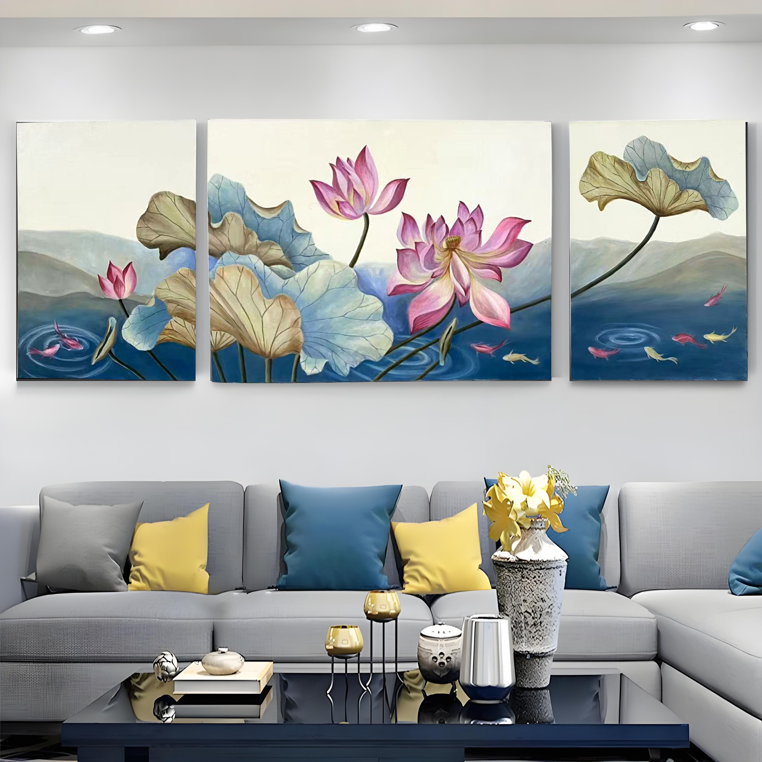 荷花纯手绘油画新中式客厅沙发画