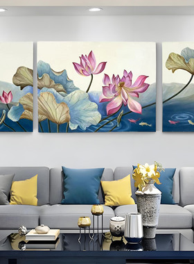 荷花纯手绘油画新中式客厅沙发画