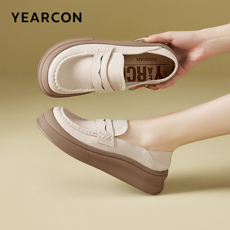 意尔康女鞋2025新款真皮乐福鞋软底厚底一脚蹬复古单鞋小皮鞋