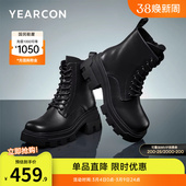 高端真皮复古休闲马丁靴粗跟单靴英伦风女士皮鞋 意尔康女鞋 秋冬季