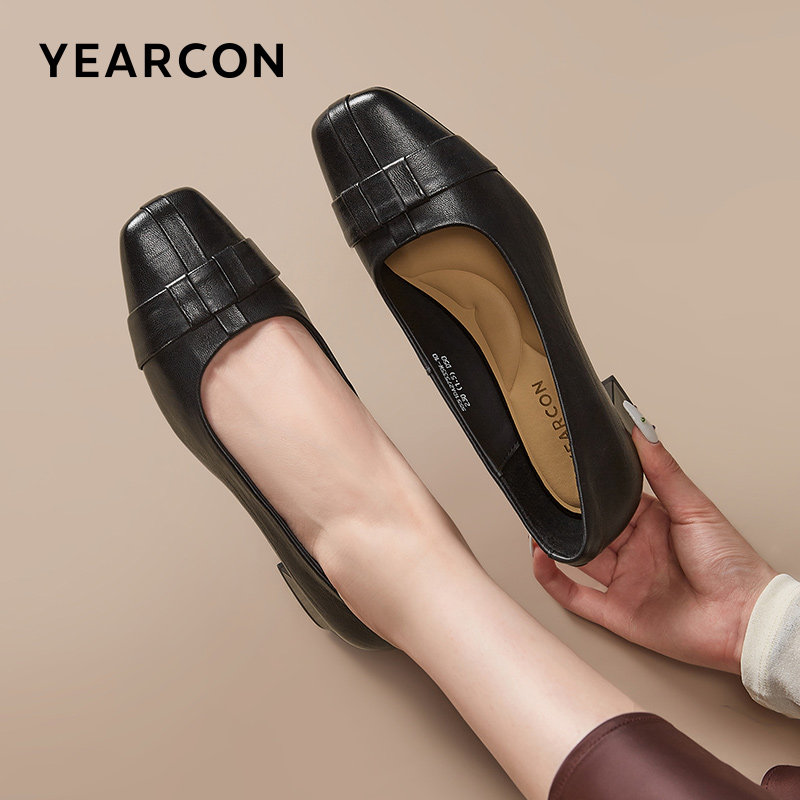 意尔康女鞋春秋女士真皮粗跟方头羊皮单鞋法式通勤工作皮鞋配裙子,女鞋,浅口单鞋,淘宝优惠券,粉丝福利购,淘宝优惠卷