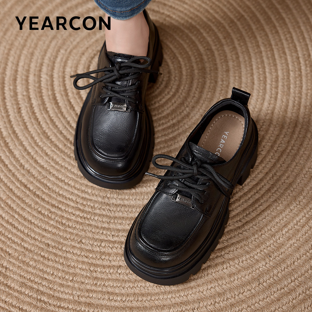 意尔康女鞋2025秋季羊皮高跟厚底乐福鞋女士英伦皮鞋深口单鞋真皮