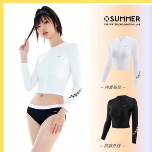 新品白色拉链长袖女士游泳冲浪衣速干免穿胸垫桨板尾波泳装潜水服