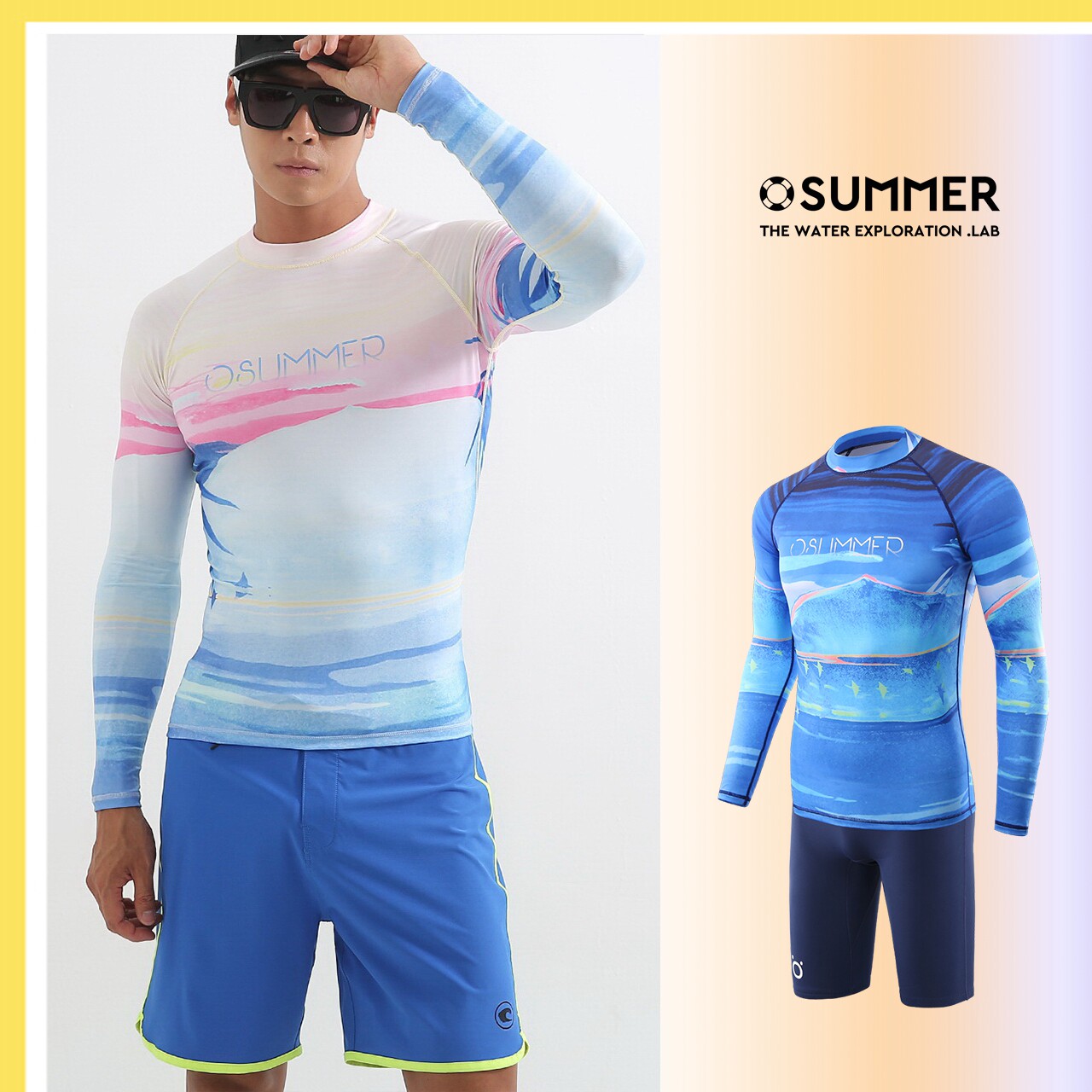 热卖长袖游泳衣潜水服男套装分体情侣拼色速干冲浪水母服浮潜泳装