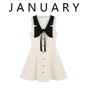 JANUARY一月~法式蝴蝶v领收腰连衣裙女夏新款小香风无袖气质A字裙