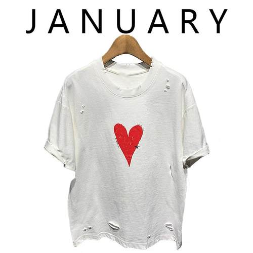 JANUARY爱心印花破洞短袖T恤女