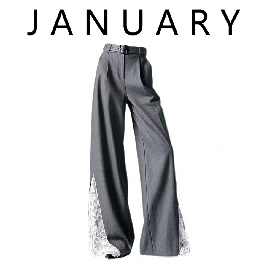 高级感灰色蕾丝拼接阔腿西装裤女