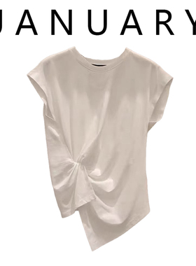 JANUARY不规则褶皱显瘦圆领无袖t恤女2025夏新款休闲洋气百搭上衣