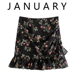 JANUARY~法式碎花半身短裙不规则荷叶边短裙女显瘦遮胯A字鱼尾裙