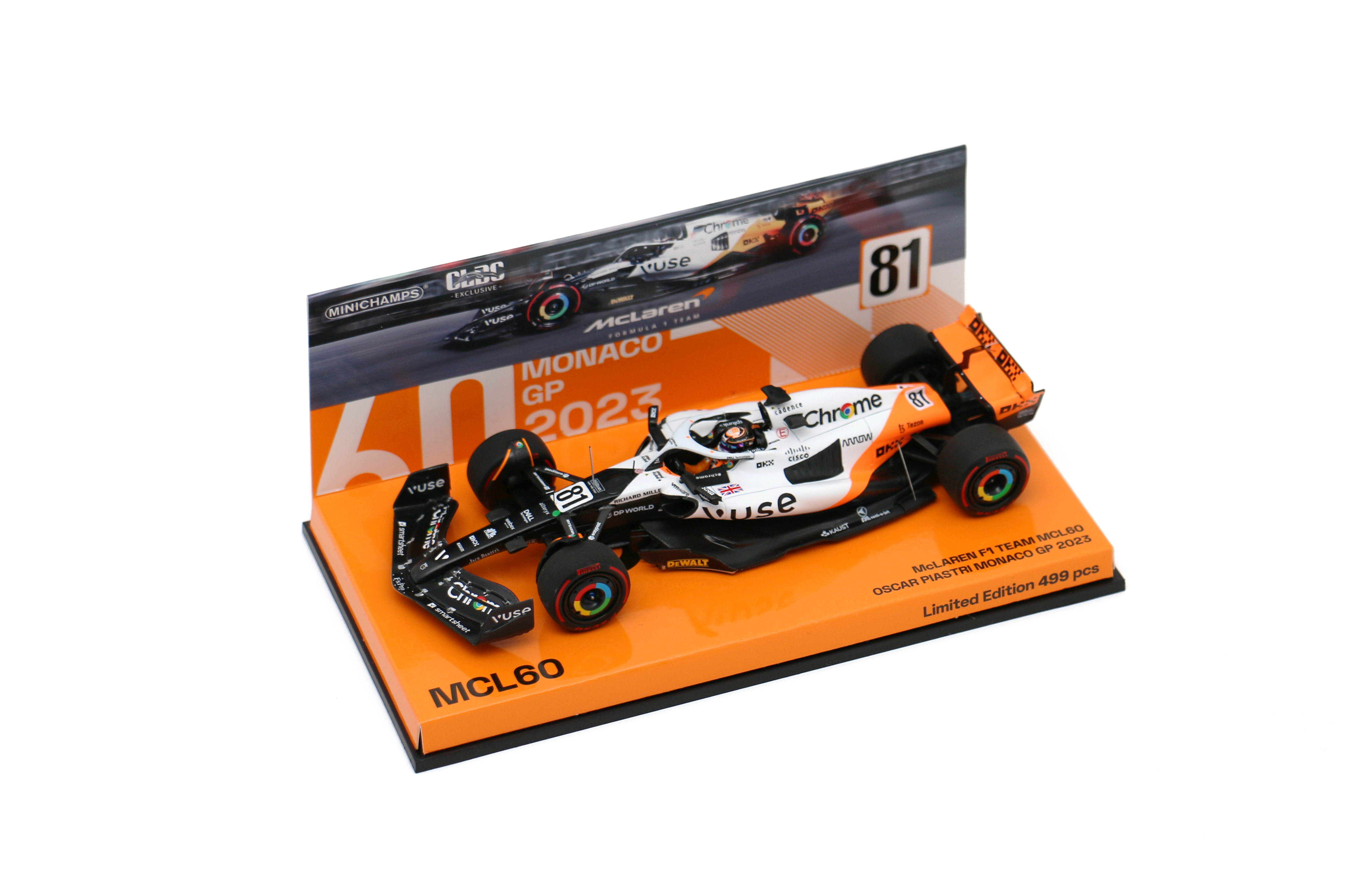 准现货 1:43迷你切 皮亚斯特里2023摩纳哥特涂MCL60 特殊台纸车模