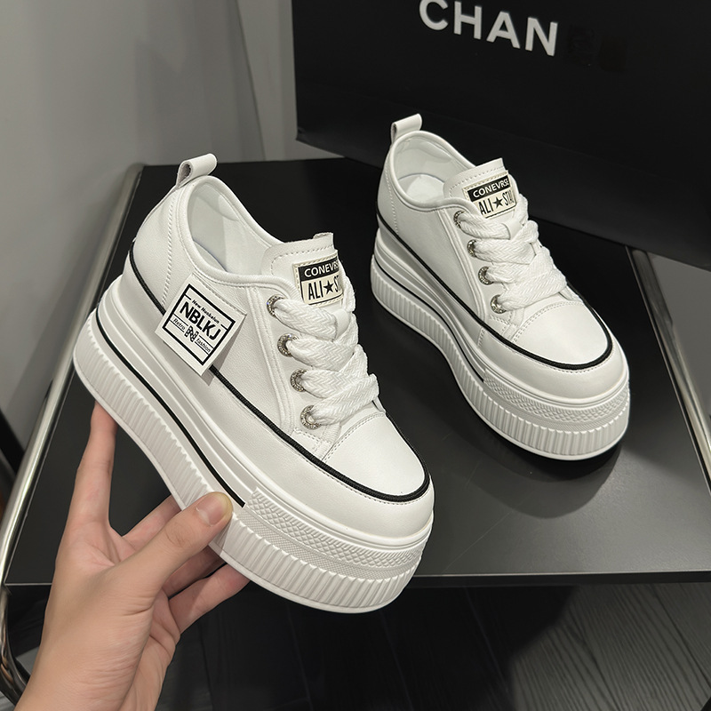 真皮小白鞋女2025新款春季女款百搭透气小个子内增高8cm厚底女鞋