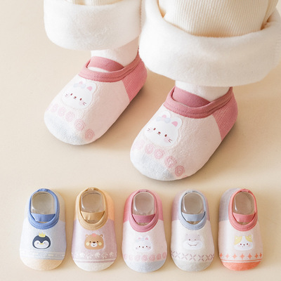 儿童地板袜秋冬加绒防滑不掉跟卡通绑带新生婴儿室内宝宝学步鞋袜