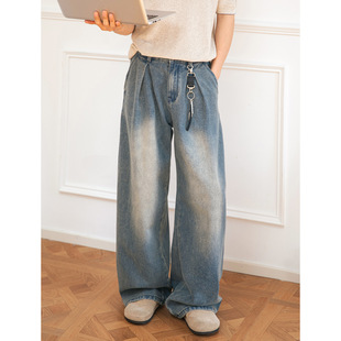 妈个鸡妈MGJM分叉式打褶设计做旧水洗牛仔裤男春季款美式复古宽松