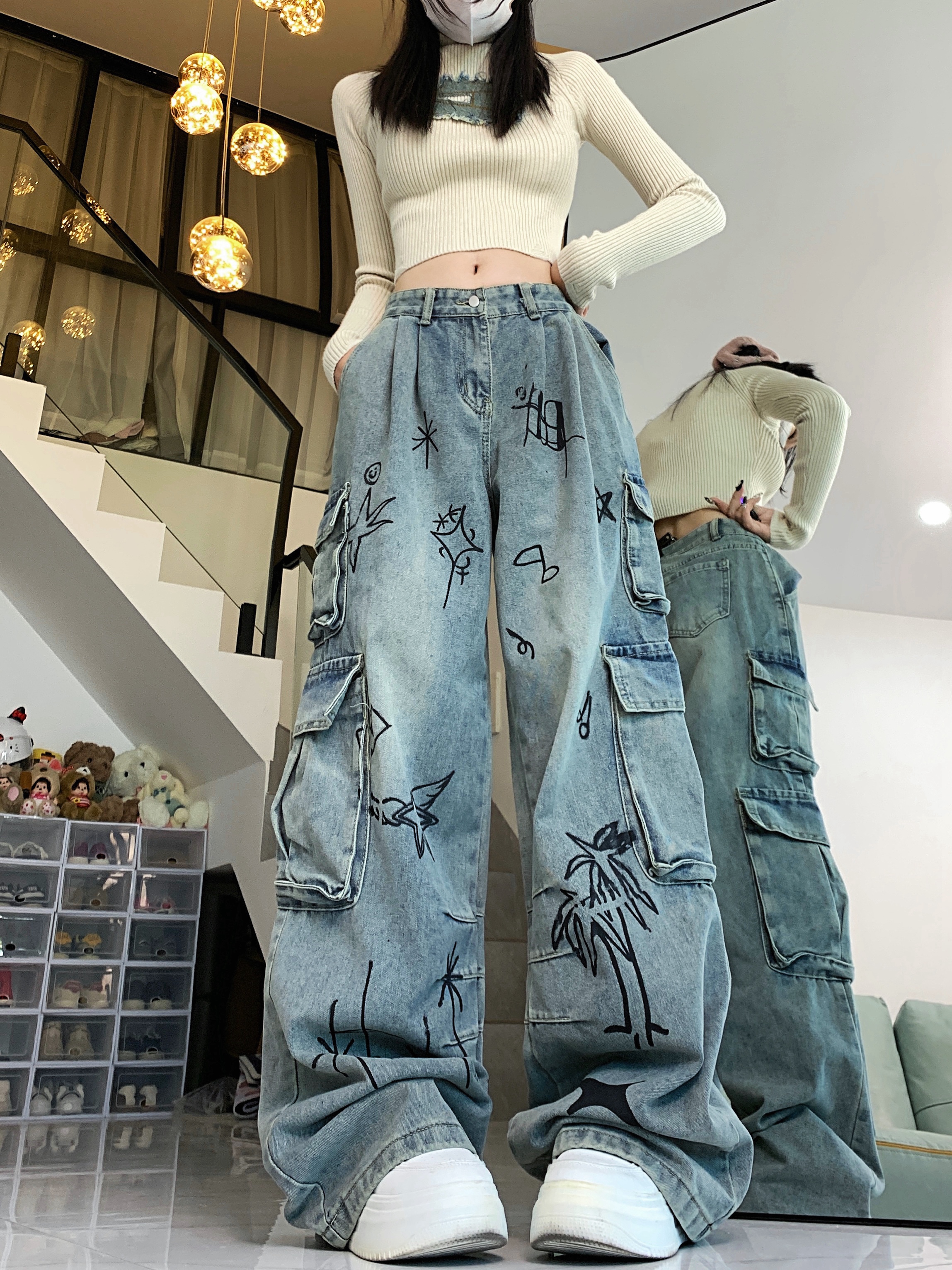 妈个鸡妈MGJM做旧涂鸦卡通设计感阔腿牛仔裤宽松秋季裤子男女长裤
