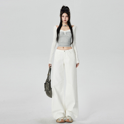 三防白色水洗低腰直筒弹力牛仔裤