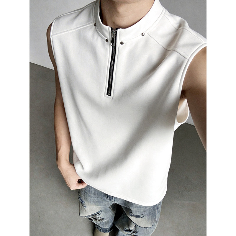 妈个鸡妈MGJM美式250g华棉半拉链铆钉拼接无袖背心男女T恤百搭潮