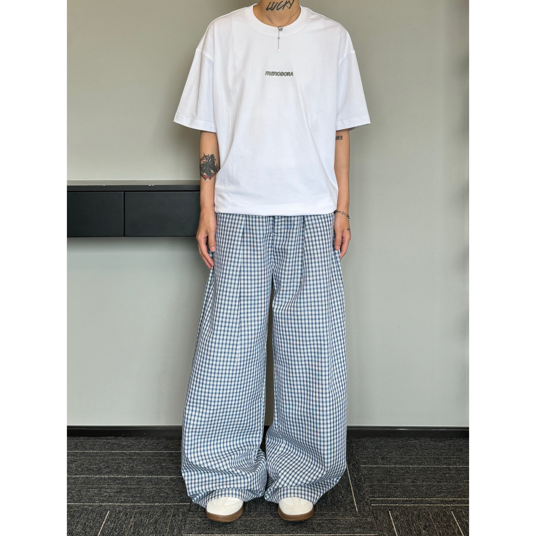 妈个鸡妈MGJM中性风复古松弛感蓝色格子裤美式压褶阔腿宽松休闲裤
