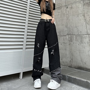 妈个鸡妈 ins美式显瘦拼接毛边破洞直筒牛仔裤宽松男女阔腿裤子潮