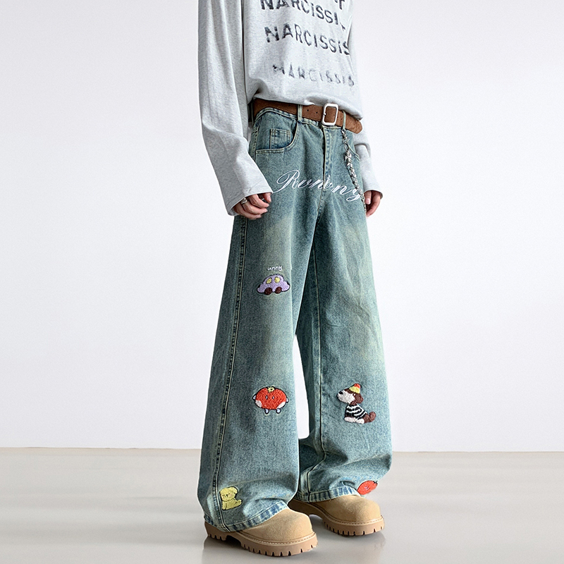 趣味美式卡通毛巾刺绣牛仔裤男女