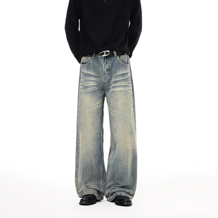妈个鸡妈MGJM美式高街复古做旧水洗猫须扎花牛仔裤直筒宽松阔腿裤