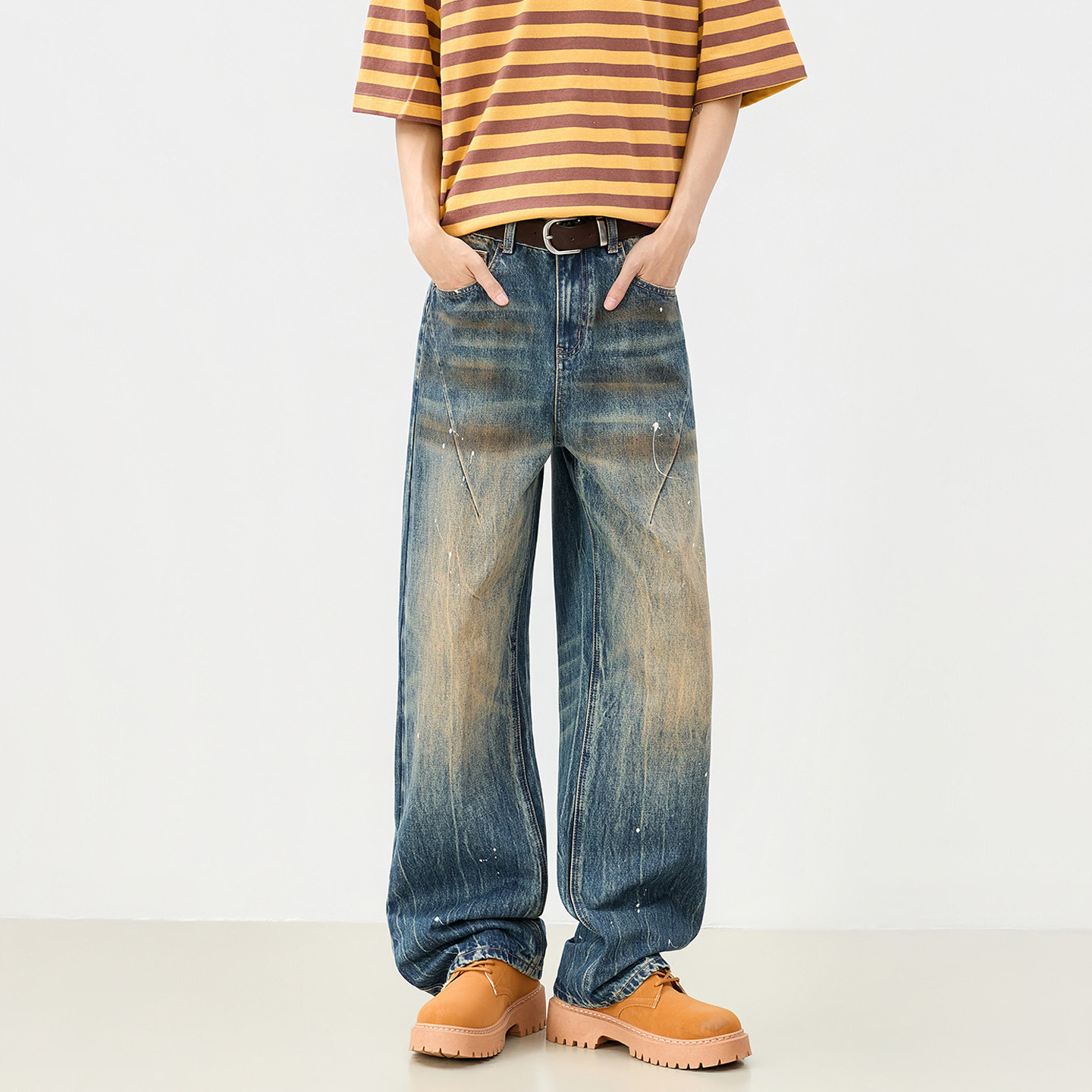 妈个鸡妈MGJM美式复古做旧图案纽扣宽松褶皱斑点牛仔裤男女潮流,男装,牛仔裤,淘宝优惠券,粉丝福利购,淘宝优惠卷