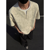 妈个鸡妈MGJM街头痞帅夏季 扎染V领假两件短袖 宽松休闲T恤上衣男女