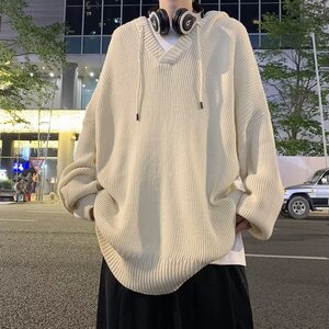妈个鸡妈 ins嘻哈日系V领秋季连帽针织衫休闲男女长袖毛衣宽松潮