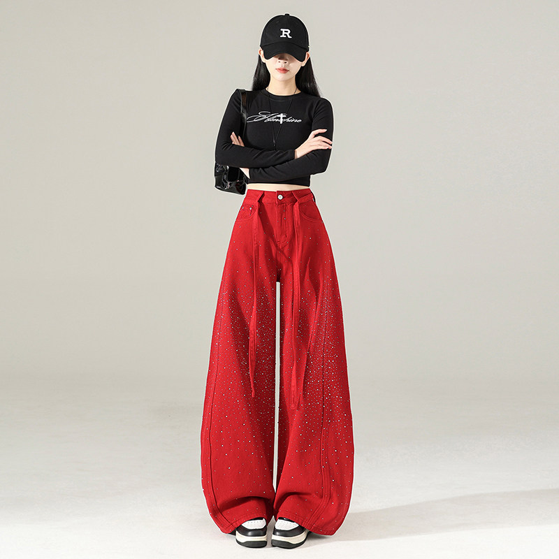 妈个鸡妈MGJM复古新年红满天星烫钻牛仔裤宽松阔腿弯刀裤拖地男女,男装,牛仔裤,淘宝优惠券,粉丝福利购,淘宝优惠卷